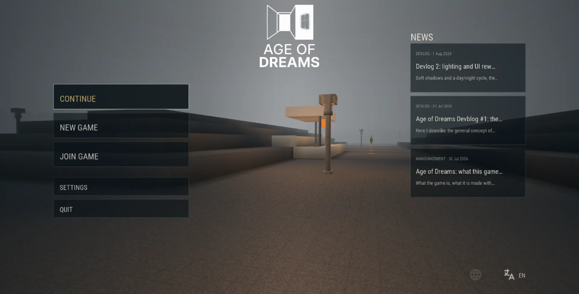 The reworked main menu, with a news panel listing the latest devlog entries.